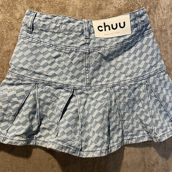 Chuu Skirt Womens Size Small Mini Denim Pleated Jean Light Wash Checkered Preppy - Picture 3 of 6